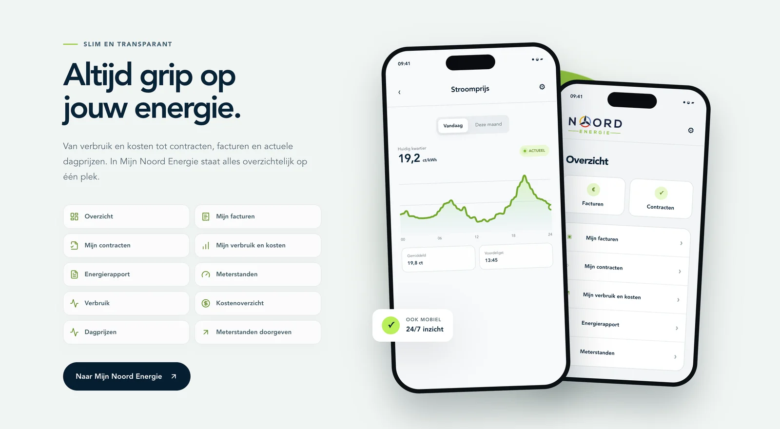 Websitepresentatie van Mijn Noord Energie met verbruik, facturen en dagprijzen
