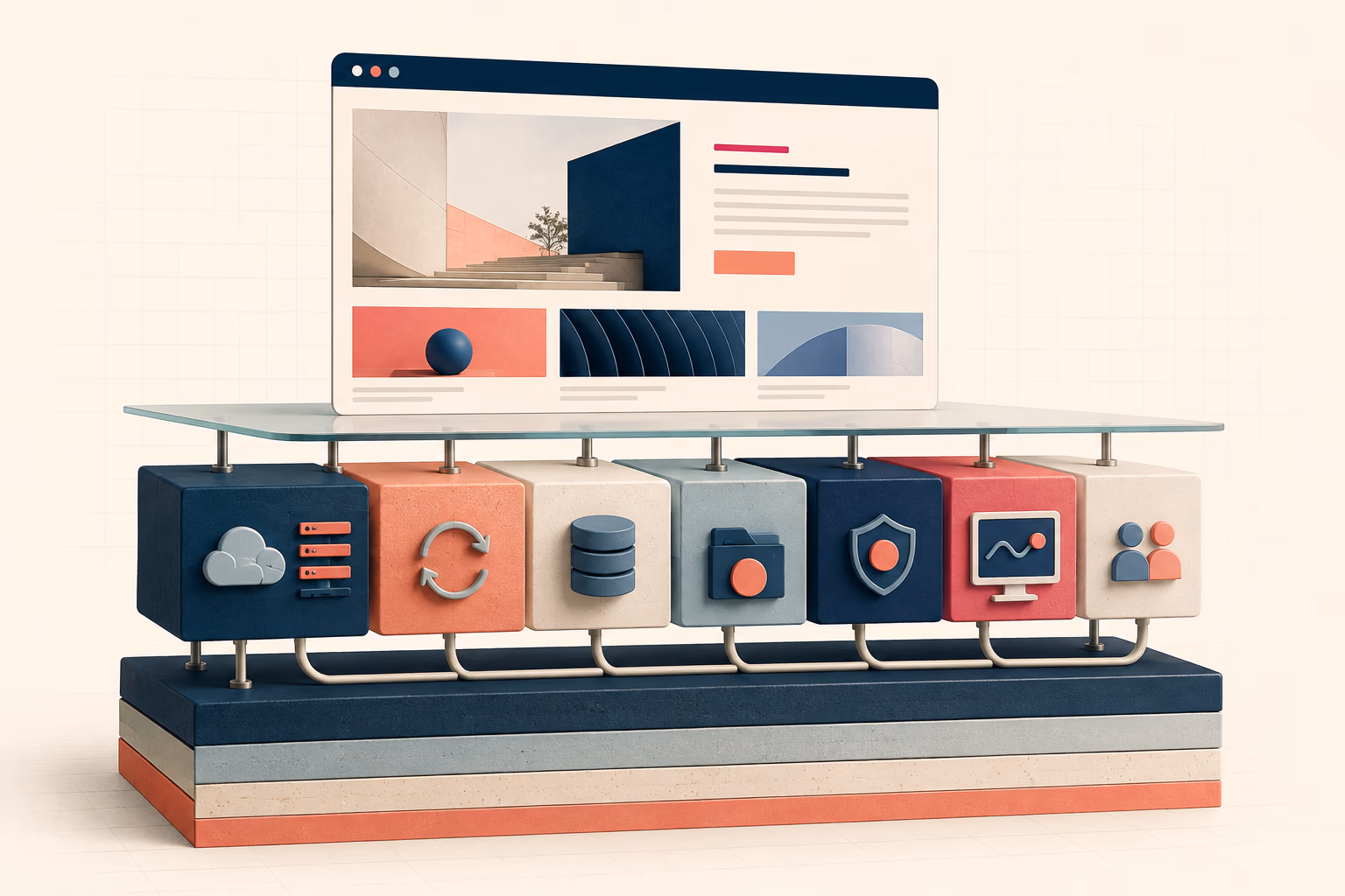 Website boven een technische fundering met hosting, updates, database, back-ups, beveiliging, monitoring en overdracht