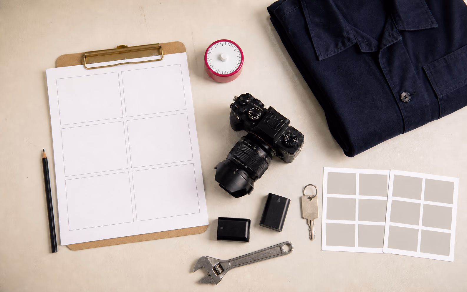 Voorbereiding van een bedrijfsshoot met camera, shotlist, kleding en gereedschap