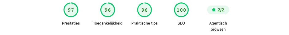 PageSpeed Insights-scoreoverzicht van AllesVoorDakgoten.nl op mobiel: Performance 97, Toegankelijkheid 96, Praktische tips 96, SEO 100 en Agentisch browsen 2 van 2.