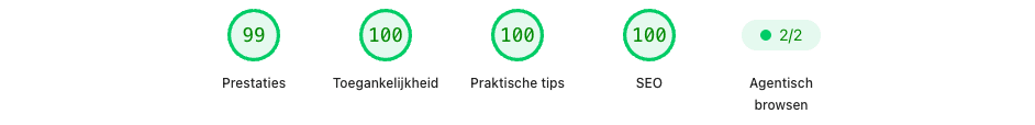 PageSpeed Insights-scoreoverzicht van Beeldschoon Kliniek op mobiel: Performance 99, Toegankelijkheid 100, Praktische tips 100, SEO 100 en Agentisch browsen 2 van 2.