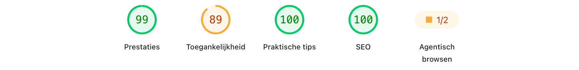 PageSpeed Insights-scoreoverzicht van Puur Schoon op mobiel: Performance 99, Toegankelijkheid 89, Praktische tips 100, SEO 100 en Agentisch browsen 1 van 2.