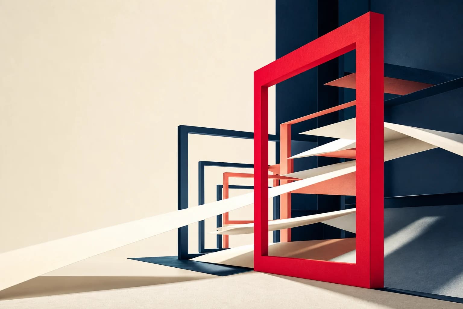 Een compositie van rode en donkerblauwe frames die structuur en digitale groei verbeeldt