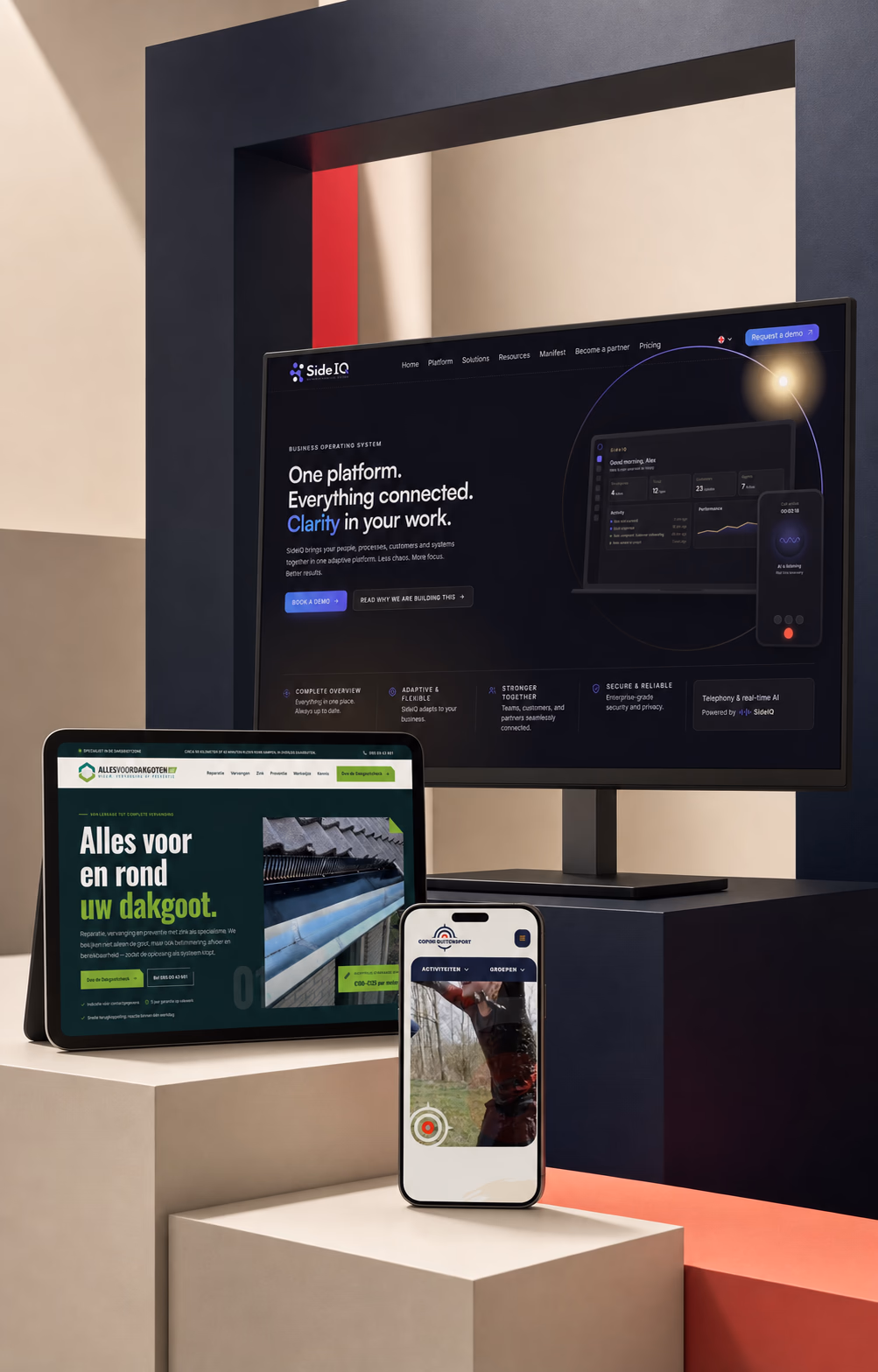Redframe-projecten SideIQ, Alles voor Dakgoten en Copini Buitensport op desktop, tablet en telefoon