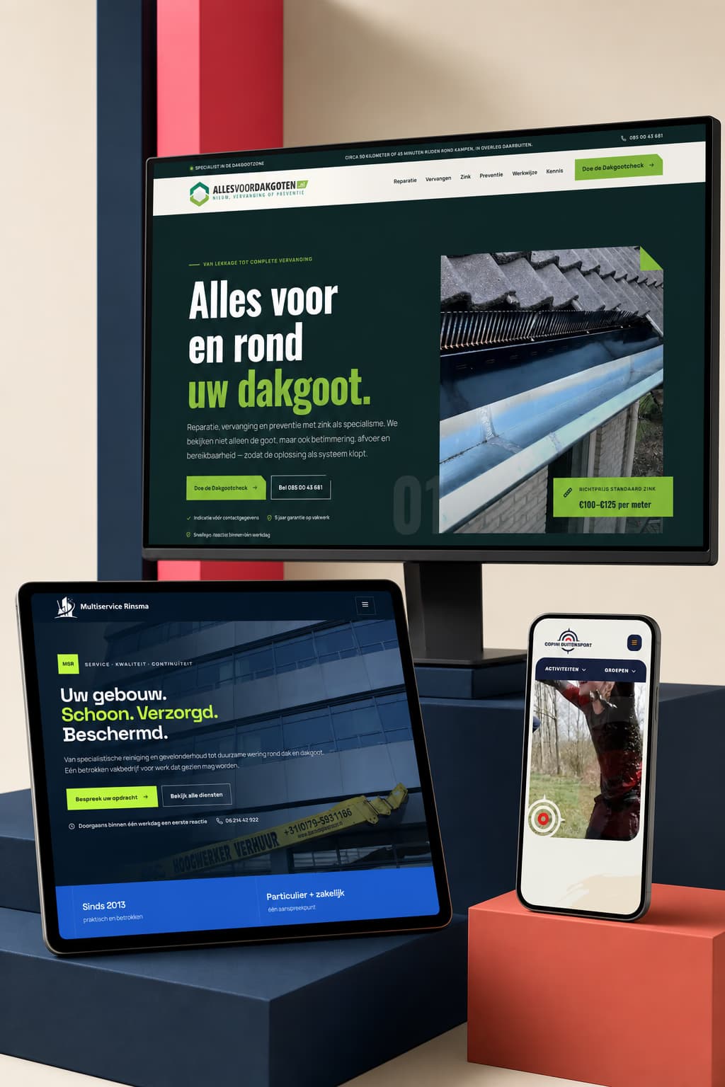 Redframe-projecten Alles voor Dakgoten, Multiservice Rinsma en Copini Buitensport op desktop, tablet en telefoon