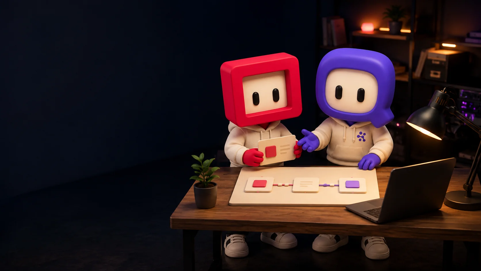 De Redframe- en SideIQ-mascotte werken samen aan een overzichtelijke werkwijze